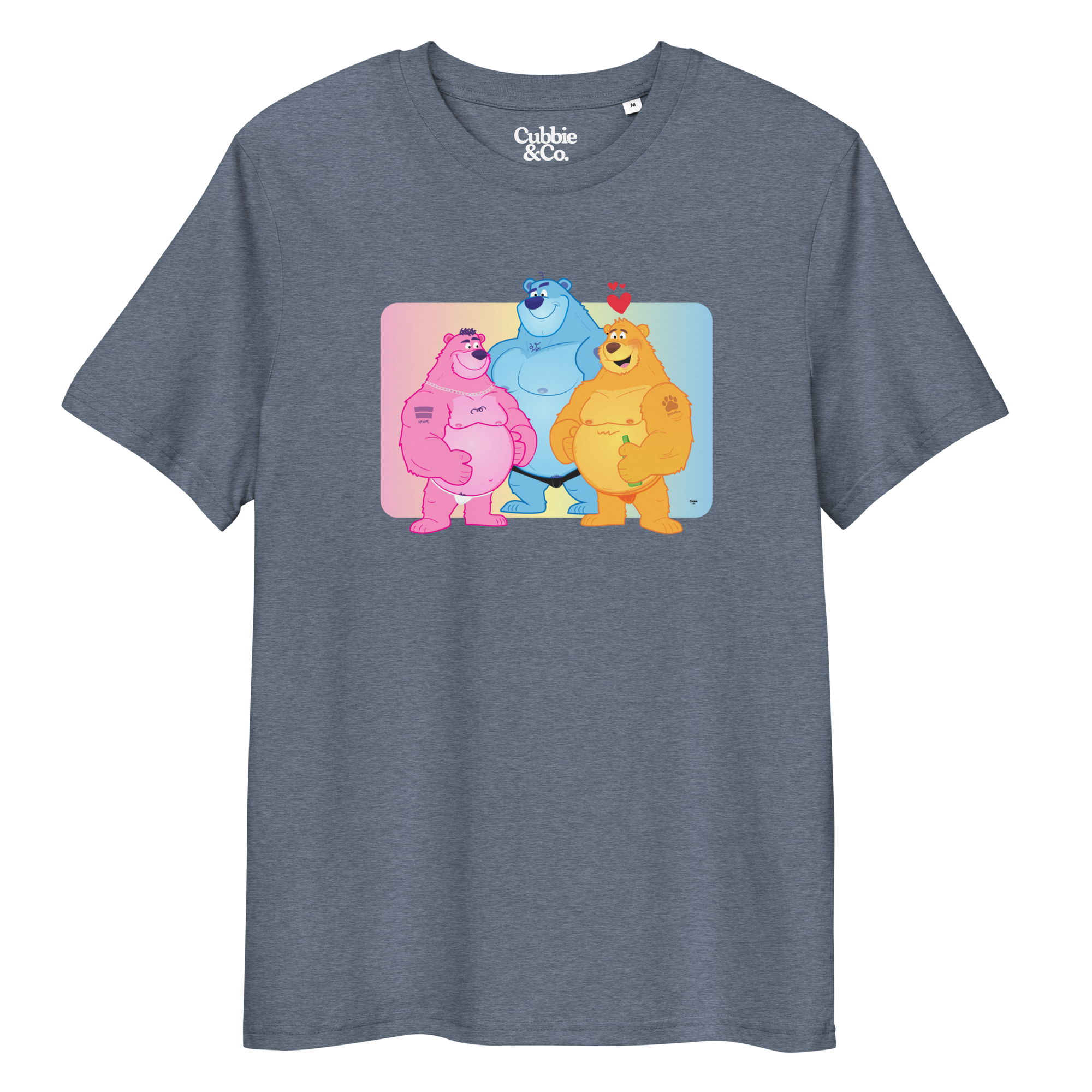 Heather blue t-shirt featuring Jay, Knox and Oso bears posing in front of a rainbow gradient background