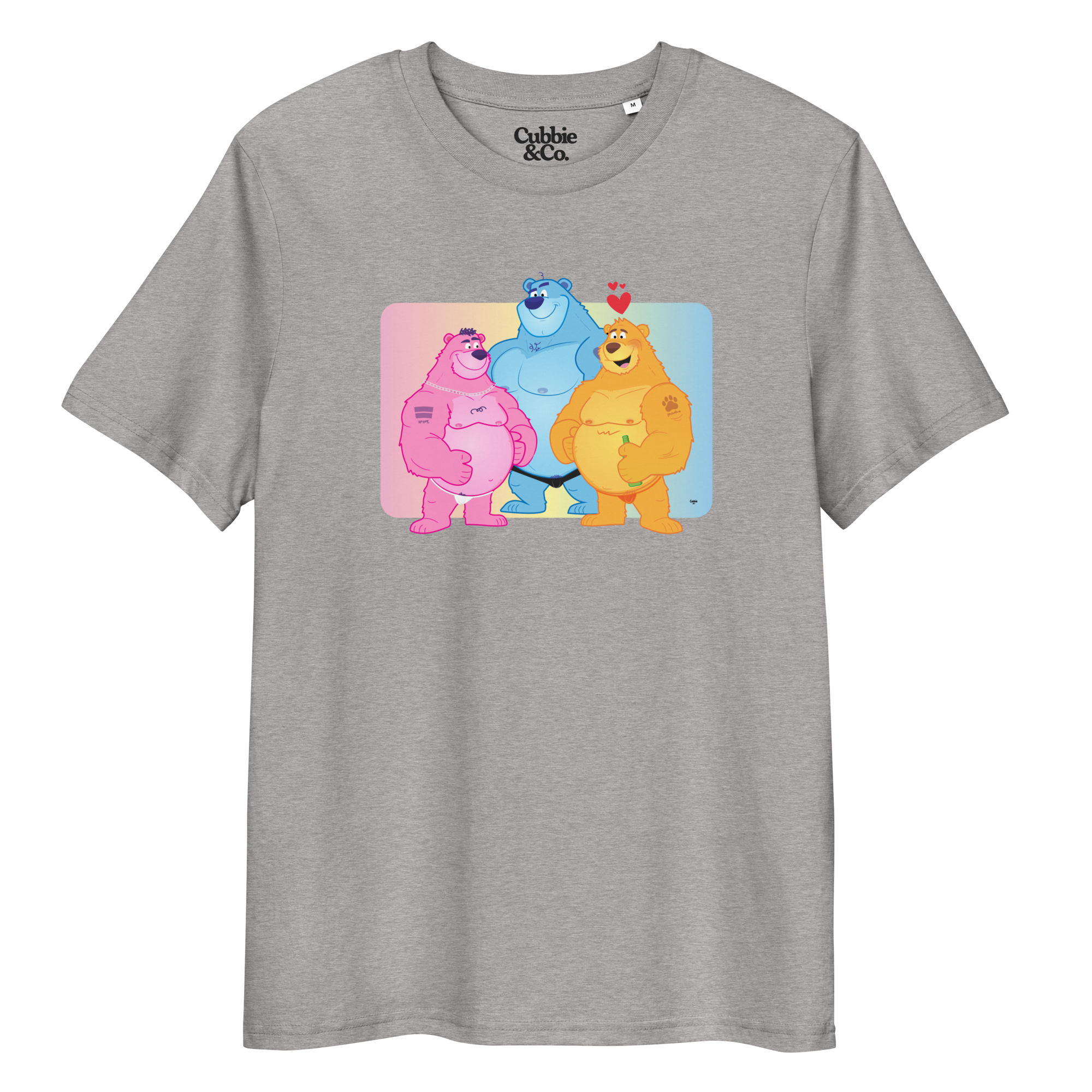 Heather grey t-shirt featuring Jay, Knox and Oso bears posing in front of a rainbow gradient background