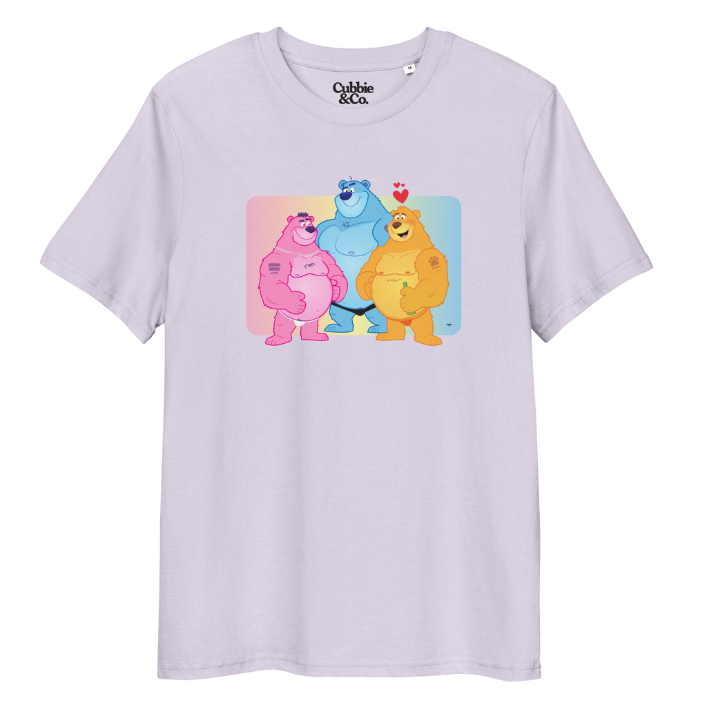 Light purple t-shirt featuring Jay, Knox and Oso bears posing in front of a rainbow gradient background