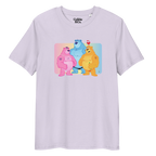 Light purple t-shirt featuring Jay, Knox and Oso bears posing in front of a rainbow gradient background