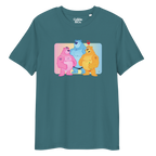 Teal t-shirt featuring Jay, Knox and Oso bears posing in front of a rainbow gradient background
