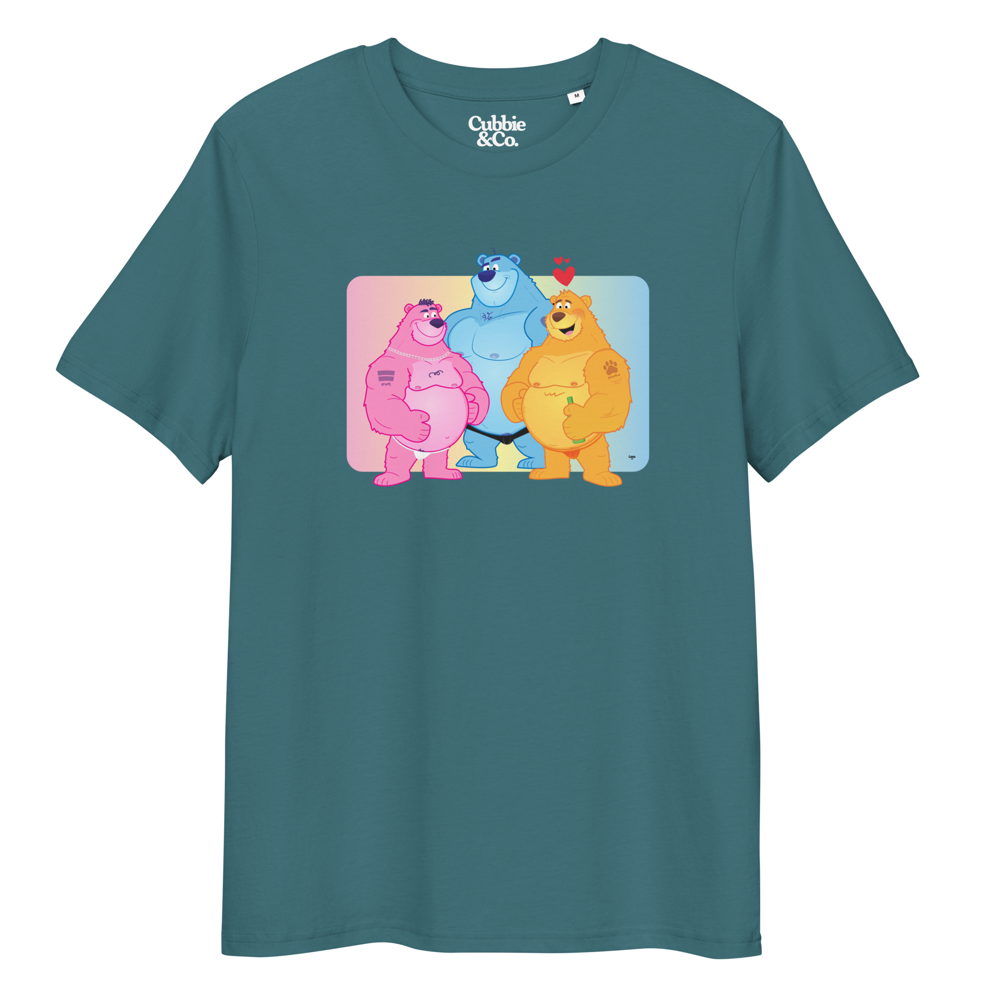 Teal t-shirt featuring Jay, Knox and Oso bears posing in front of a rainbow gradient background