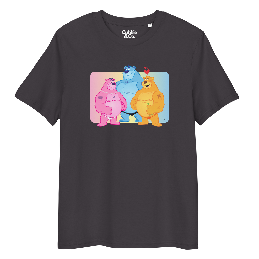 Dark grey t-shirt featuring Jay, Knox and Oso bears posing in front of a rainbow gradient background