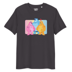 Dark grey t-shirt featuring Jay, Knox and Oso bears posing in front of a rainbow gradient background