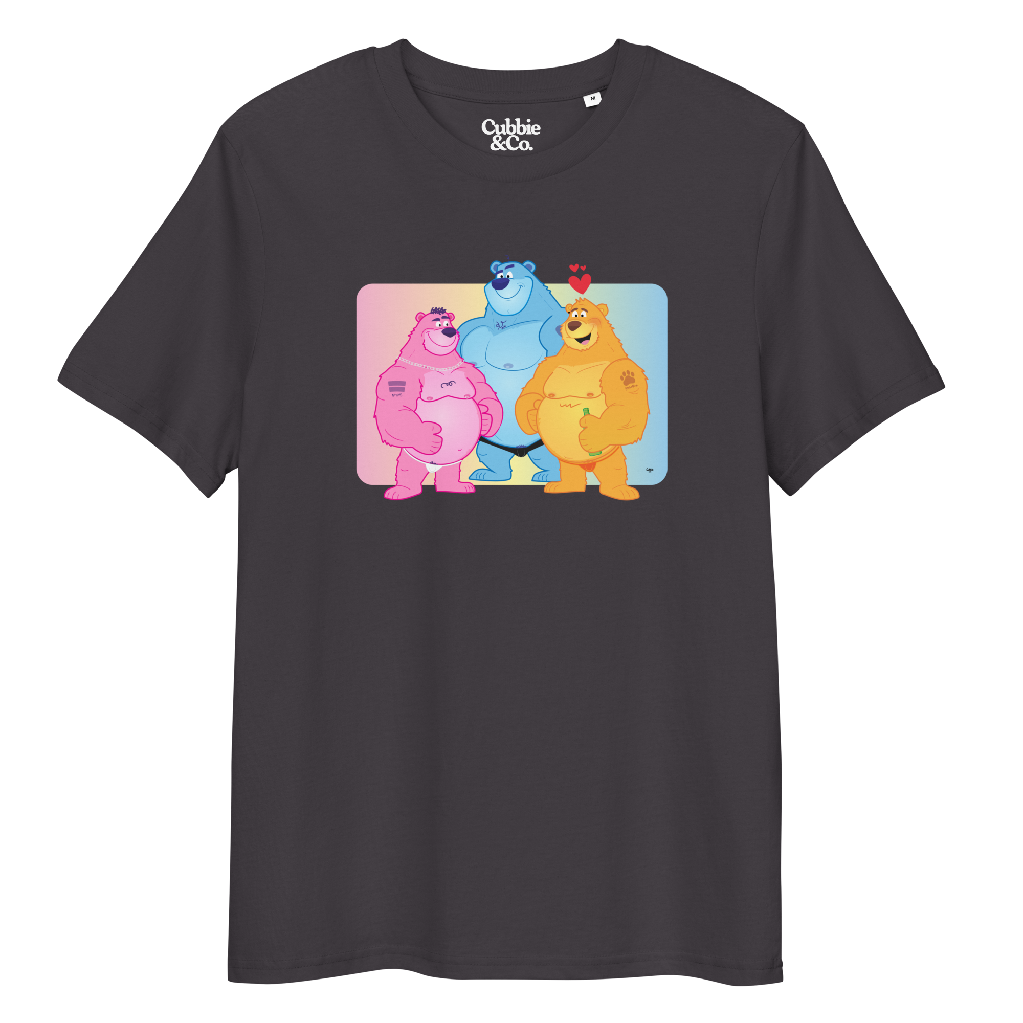 Dark grey t-shirt featuring Jay, Knox and Oso bears posing in front of a rainbow gradient background