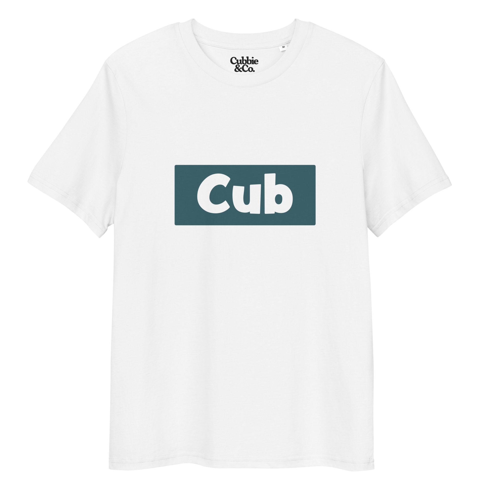 White t-shirt with 'Cub' wordmark and 'Cubbie & Co' branding