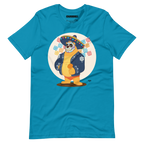 Bright aqua blue t-shirt featuring a cartoon LGBTQ+ bear character celebrating Day of the Dead, wearing a sombrero and traditional Mexican clothing