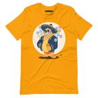 Gold yellow t-shirt featuring a cartoon LGBTQ+ bear character celebrating Day of the Dead, wearing a sombrero and traditional Mexican clothing