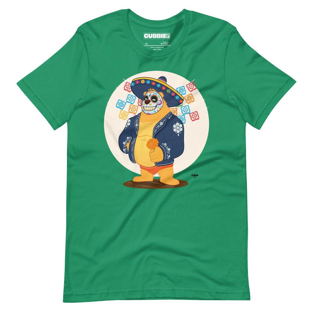 Vibrant green t-shirt featuring a cartoon LGBTQ+ bear character celebrating Day of the Dead, wearing a sombrero and traditional Mexican clothing