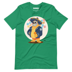 Vibrant green t-shirt featuring a cartoon LGBTQ+ bear character celebrating Day of the Dead, wearing a sombrero and traditional Mexican clothing