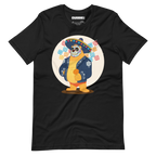 Faded black t-shirt featuring a cartoon LGBTQ+ bear character celebrating Day of the Dead, wearing a sombrero and traditional Mexican clothing
