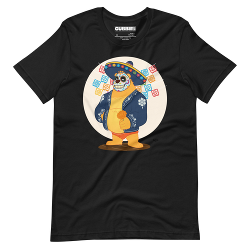Faded black t-shirt featuring a cartoon LGBTQ+ bear character celebrating Day of the Dead, wearing a sombrero and traditional Mexican clothing