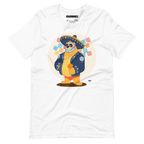 White t-shirt featuring a cartoon LGBTQ+ bear character celebrating Day of the Dead, wearing a sombrero and traditional Mexican clothing