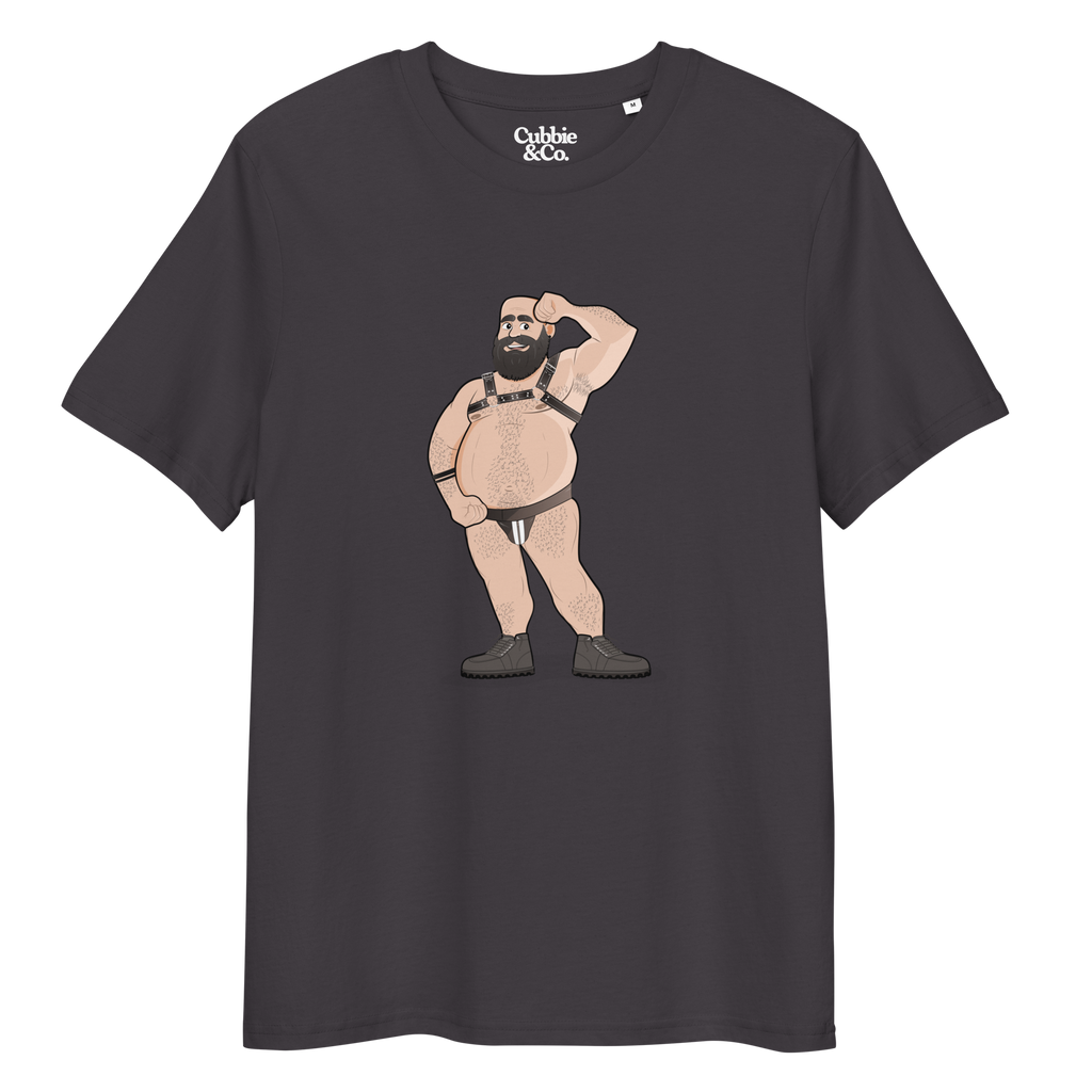 Anthracite t-shirt featuring Dougie the leather bear posing, wearing a leather harness and jockstrap