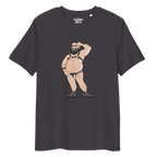 Anthracite t-shirt featuring Dougie the leather bear posing, wearing a leather harness and jockstrap