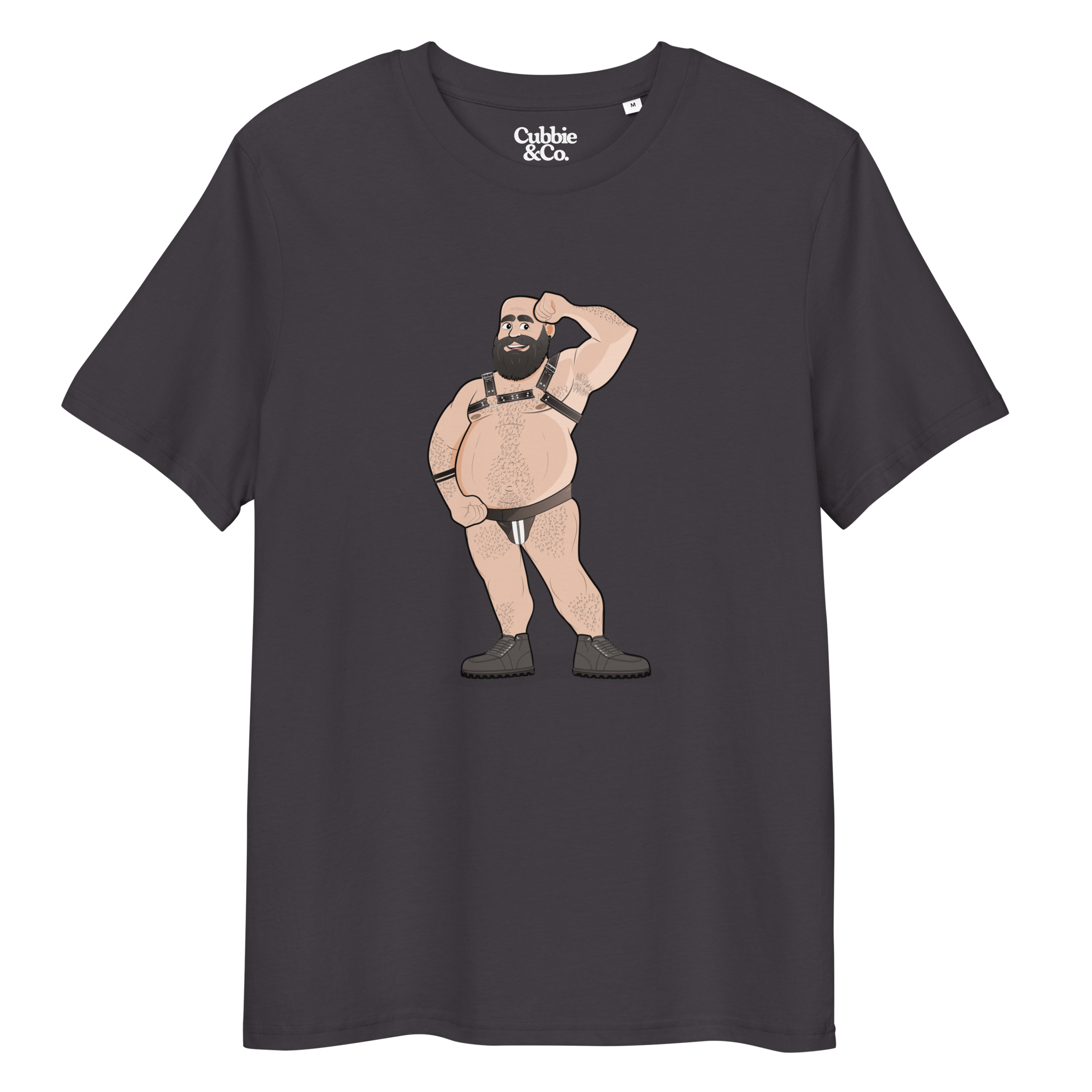 Anthracite t-shirt featuring Dougie the leather bear posing, wearing a leather harness and jockstrap