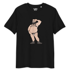 Black t-shirt featuring Dougie the leather bear posing, wearing a leather harness and jockstrap