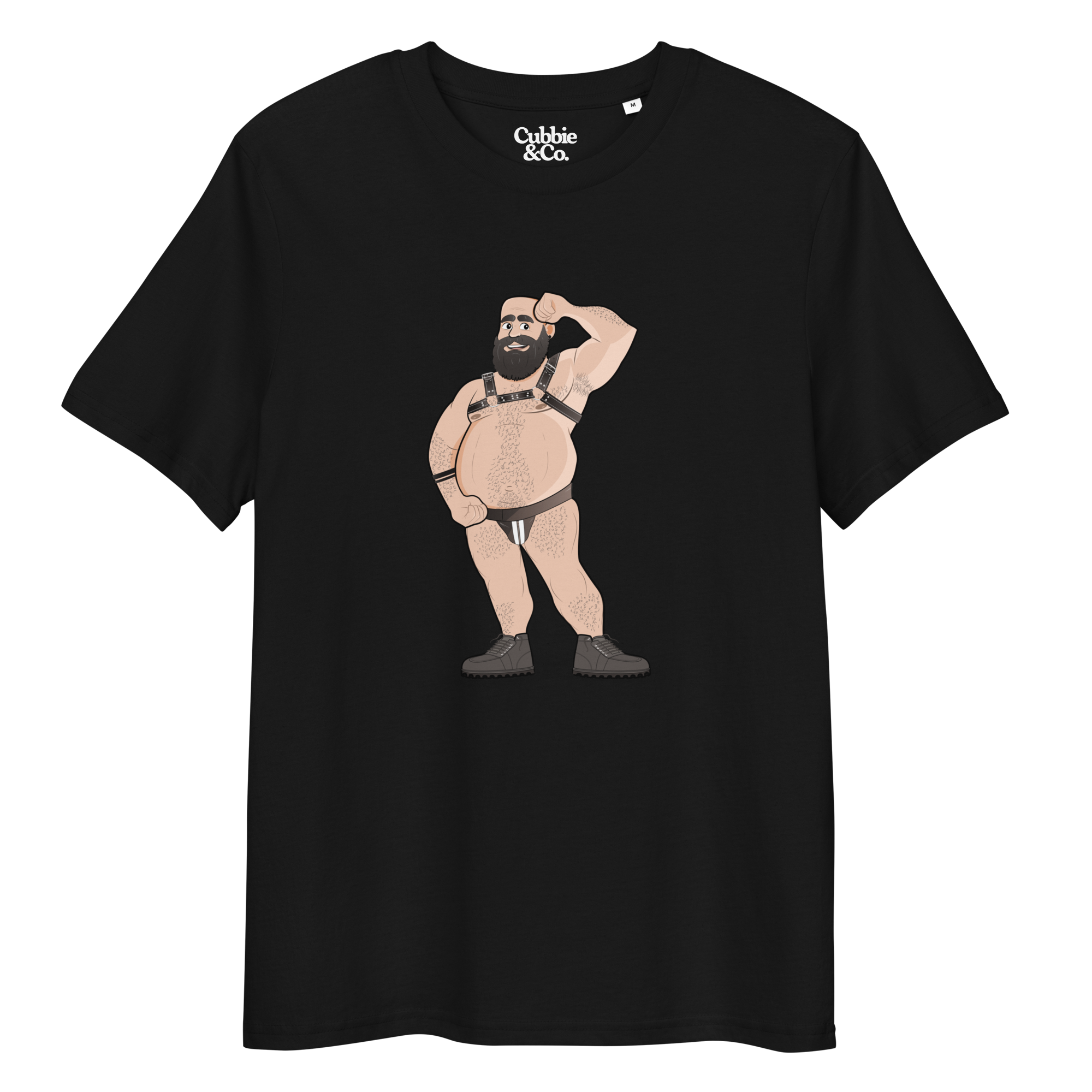 Black t-shirt featuring Dougie the leather bear posing, wearing a leather harness and jockstrap
