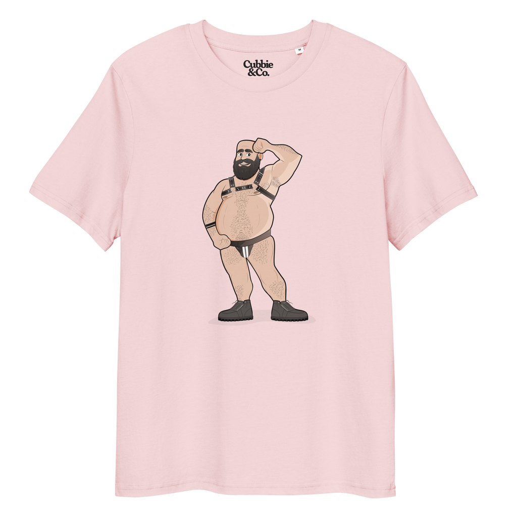 Cotton pink t-shirt featuring Dougie the leather bear posing, wearing a leather harness and jockstrap