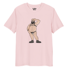 Cotton pink t-shirt featuring Dougie the leather bear posing, wearing a leather harness and jockstrap