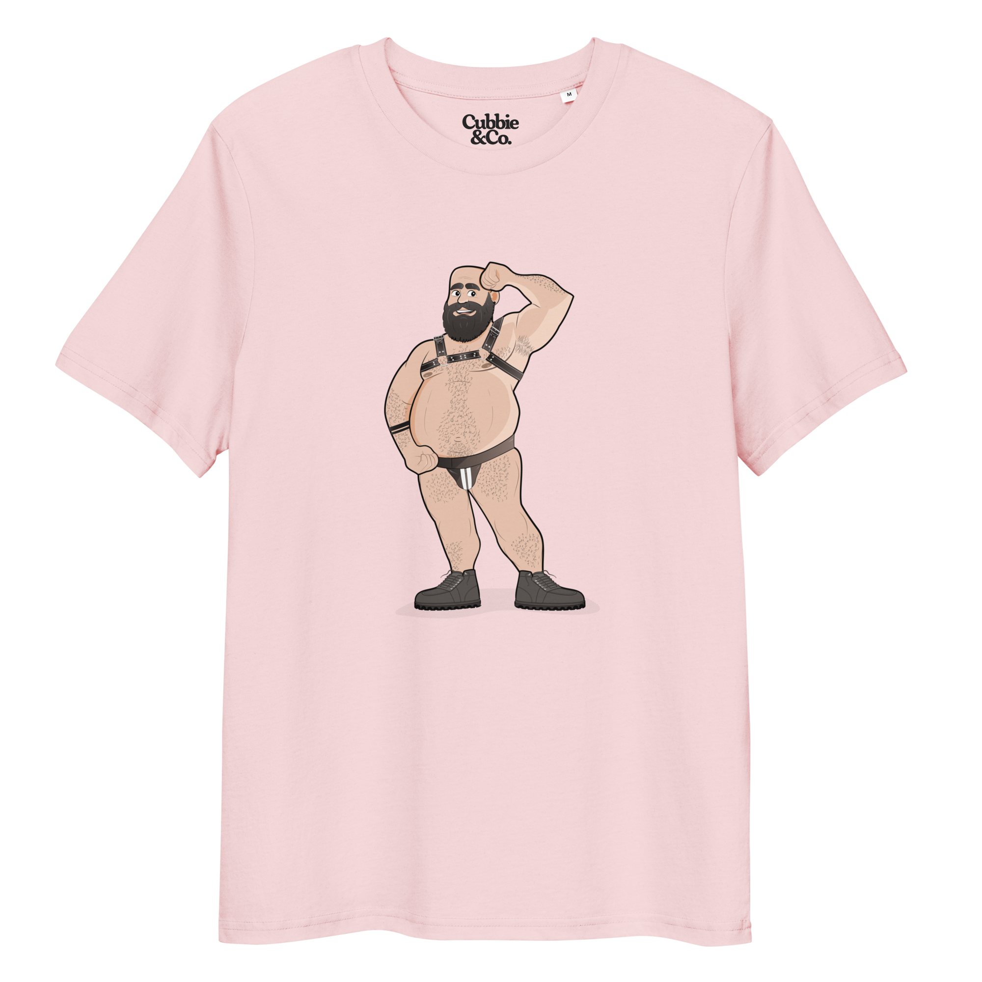 Cotton pink t-shirt featuring Dougie the leather bear posing, wearing a leather harness and jockstrap