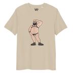 Desert dust t-shirt featuring Dougie the leather bear posing, wearing a leather harness and jockstrap