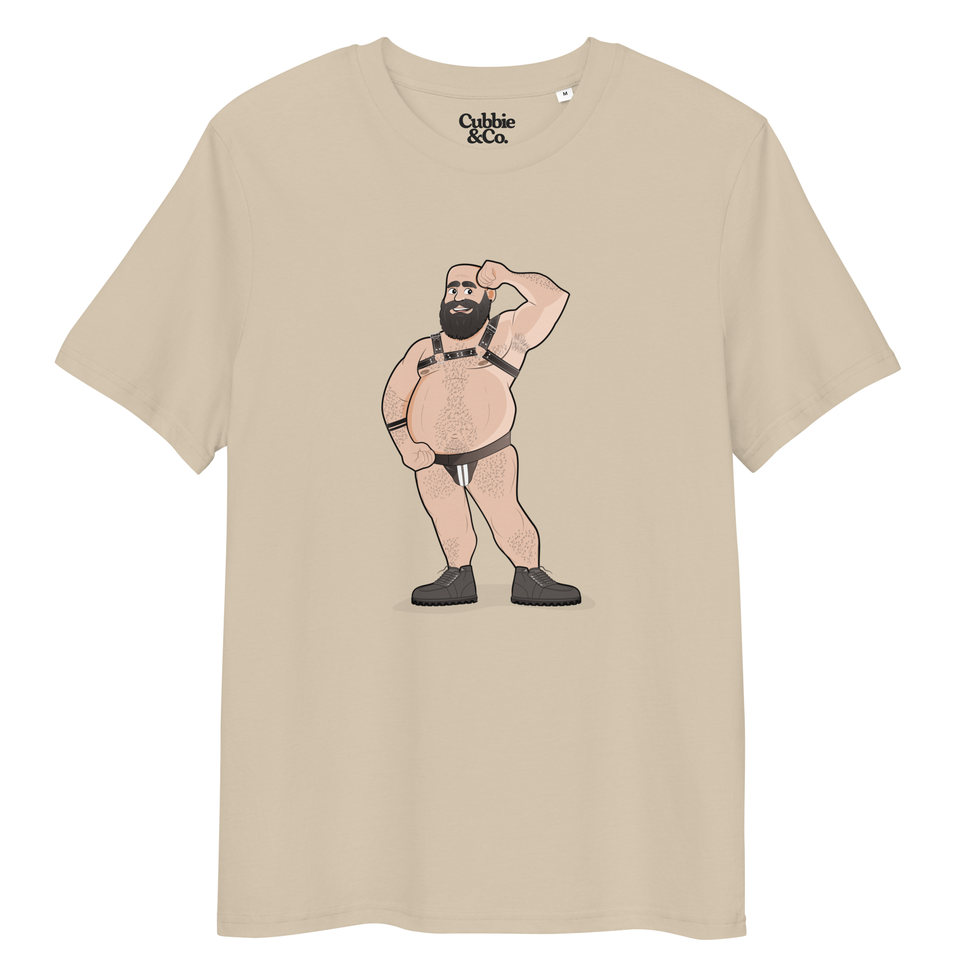 Desert dust t-shirt featuring Dougie the leather bear posing, wearing a leather harness and jockstrap