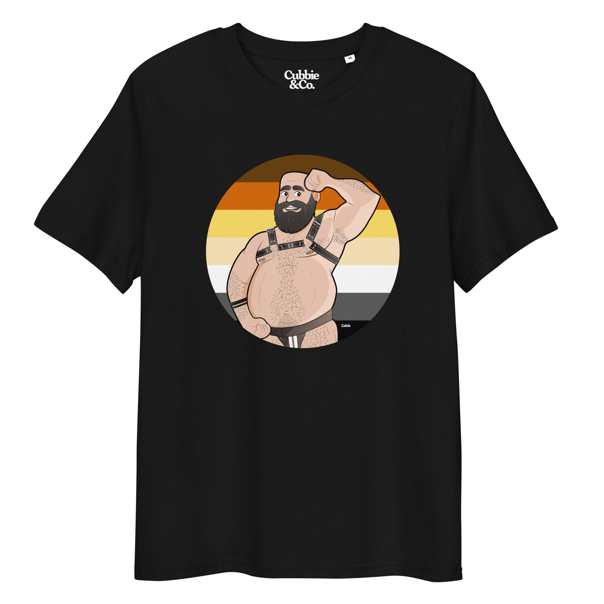 Black t-shirt featuring Dougie the leather bear posing in front of a Bear Pride Flag, wearing a leather harness and jockstrap