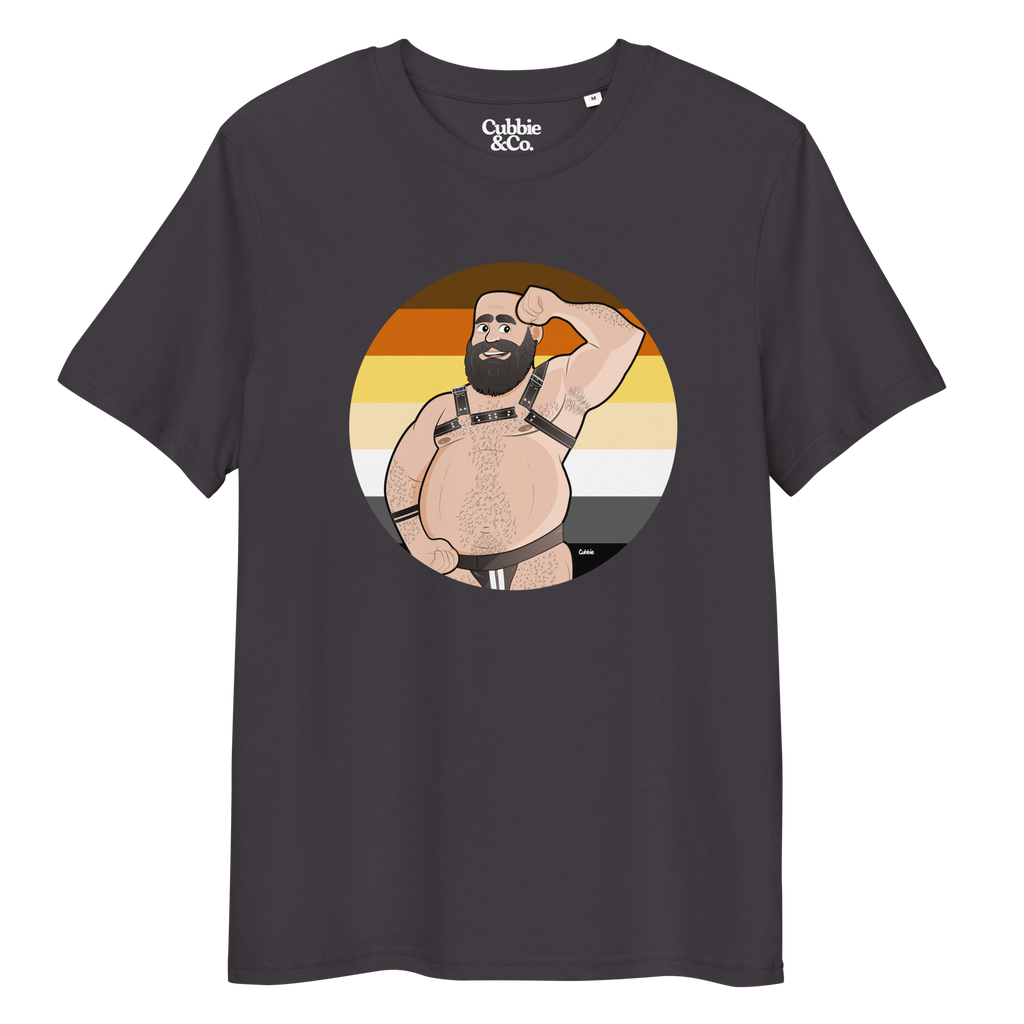 Dark grey t-shirt featuring Dougie the leather bear posing in front of a Bear Pride Flag, wearing a leather harness and jockstrap