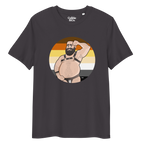 Dark grey t-shirt featuring Dougie the leather bear posing in front of a Bear Pride Flag, wearing a leather harness and jockstrap