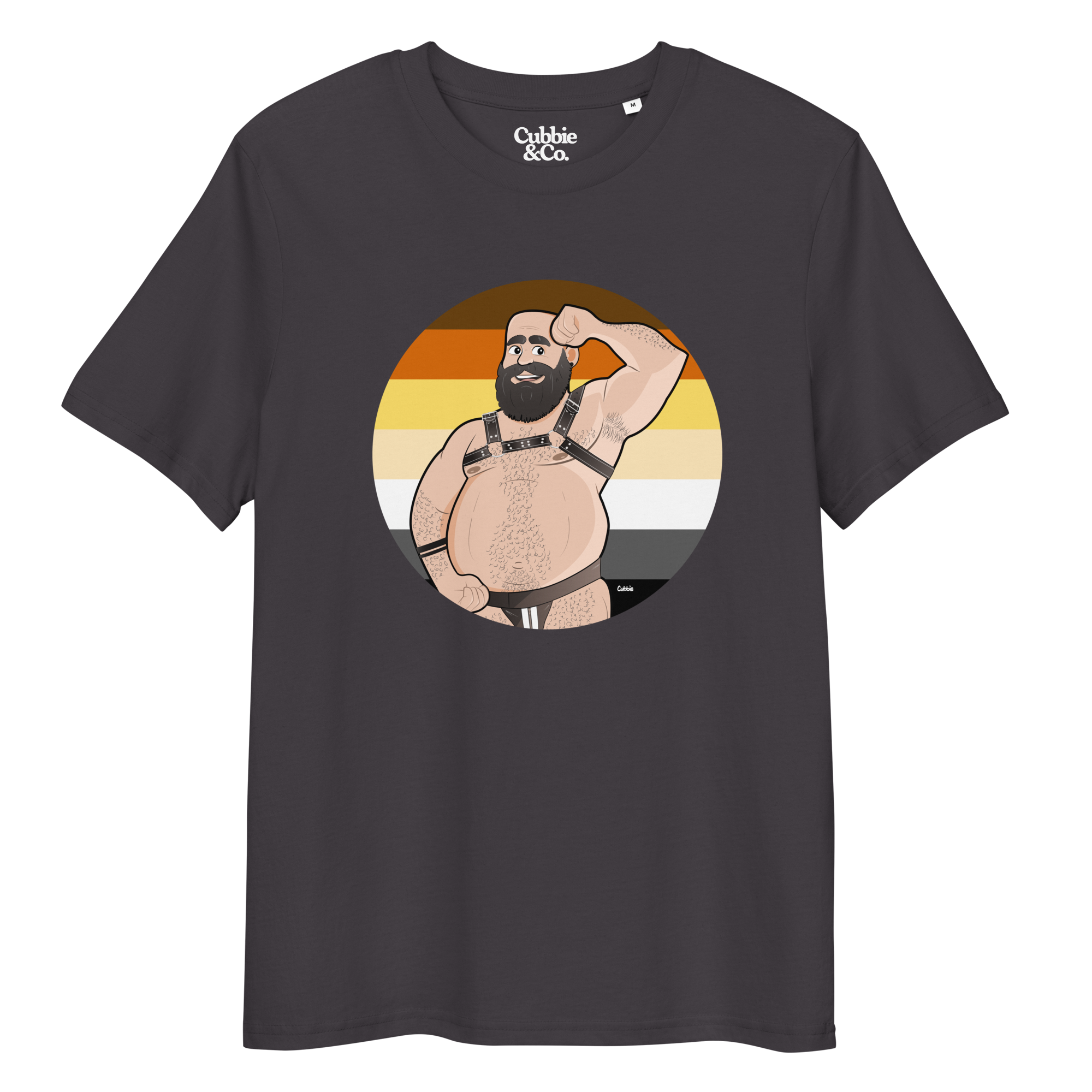 Dark grey t-shirt featuring Dougie the leather bear posing in front of a Bear Pride Flag, wearing a leather harness and jockstrap