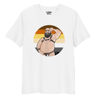 White t-shirt featuring Dougie the leather bear posing in front of a Bear Pride Flag, wearing a leather harness and jockstrap