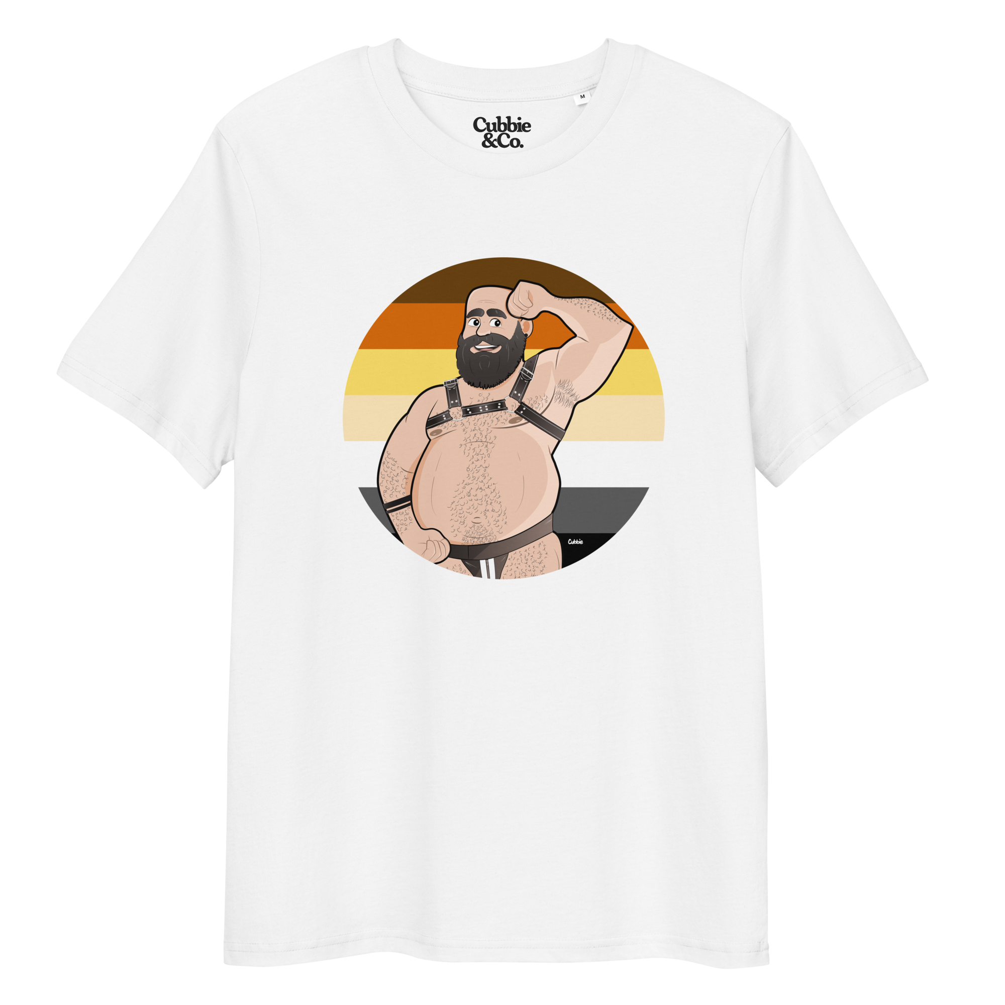 White t-shirt featuring Dougie the leather bear posing in front of a Bear Pride Flag, wearing a leather harness and jockstrap