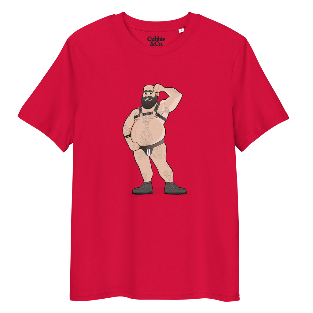 Red t-shirt featuring Dougie the leather bear posing, wearing a leather harness and jockstrap