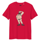Red t-shirt featuring Dougie the leather bear posing, wearing a leather harness and jockstrap