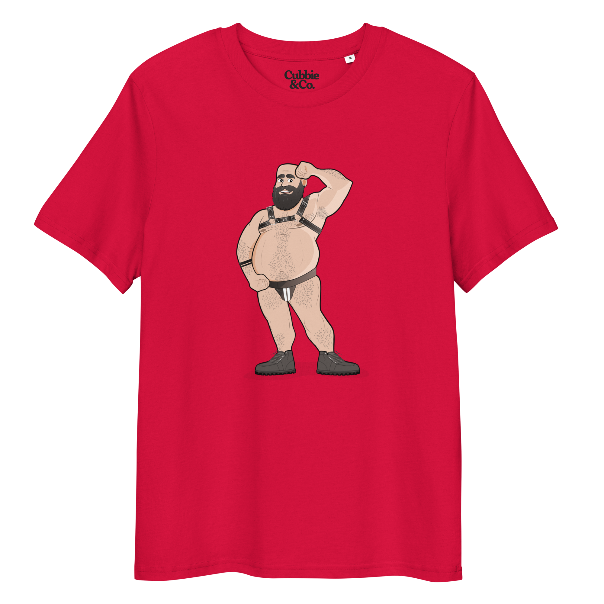 Red t-shirt featuring Dougie the leather bear posing, wearing a leather harness and jockstrap