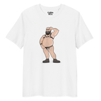 White t-shirt featuring Dougie the leather bear posing, wearing a leather harness and jockstrap