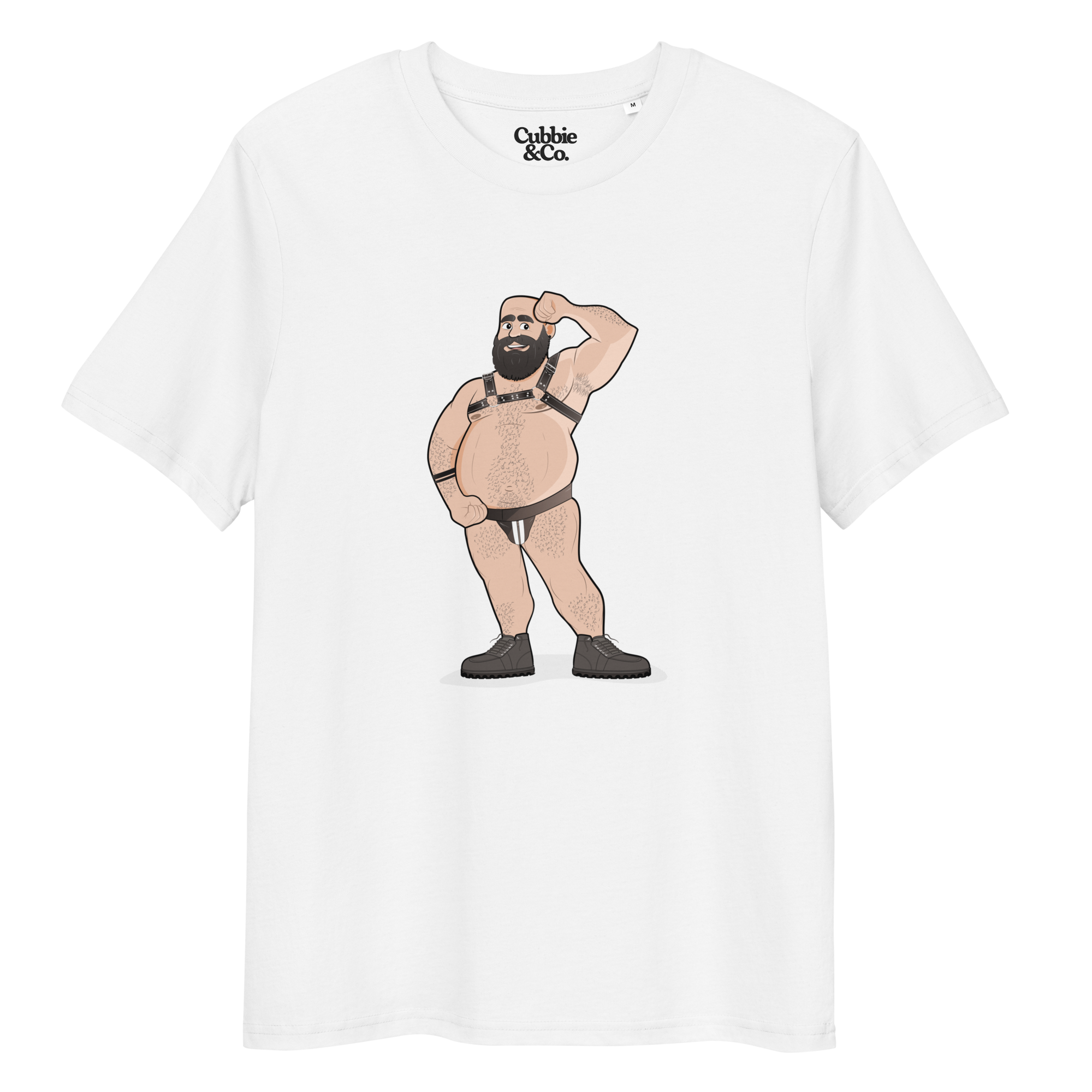 White t-shirt featuring Dougie the leather bear posing, wearing a leather harness and jockstrap