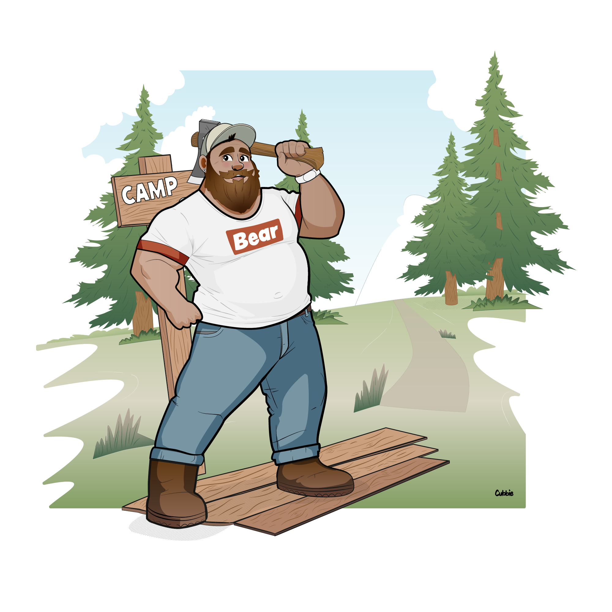 Illustration of Evan the Lumberjack Bear holding an axe in front of a ‘Camp’ sign, wearing a Bear wordmark tee with a forest backdrop.