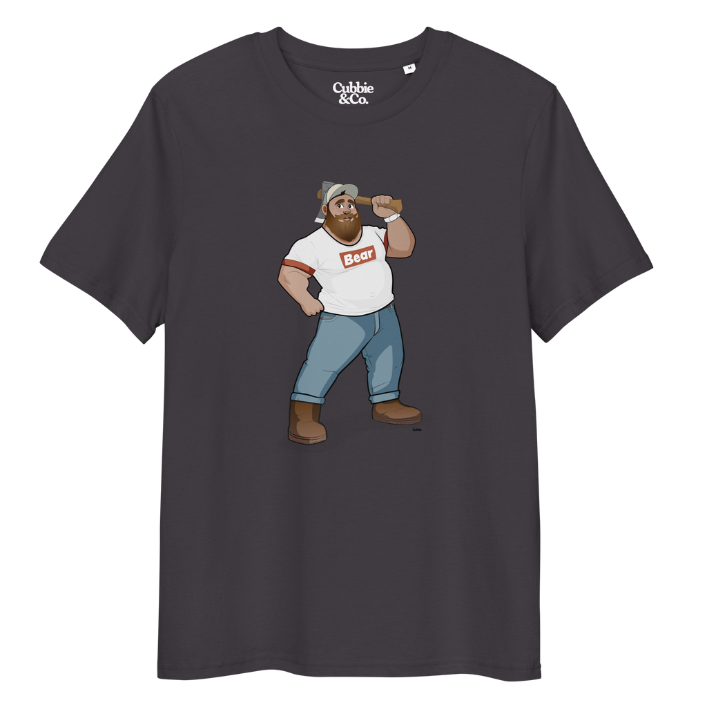 Dark grey t-shirt featuring Evan the lumberjack wearing a ‘Bear’ wordmark tee, holding an axe