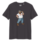 Dark grey t-shirt featuring Evan the lumberjack wearing a ‘Bear’ wordmark tee, holding an axe