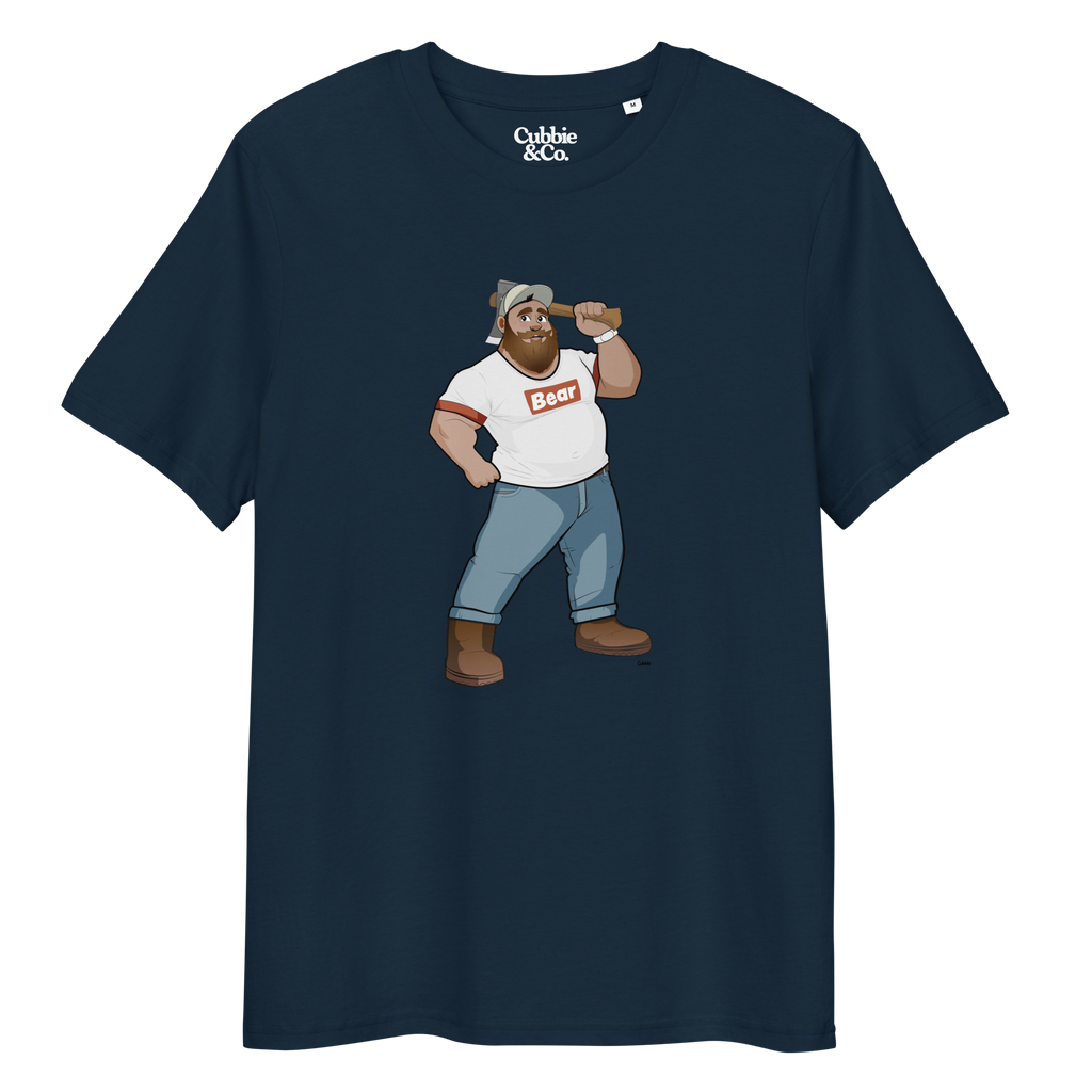 French navy t-shirt featuring Evan the lumberjack wearing a ‘Bear’ wordmark tee, holding an axe