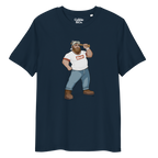 French navy t-shirt featuring Evan the lumberjack wearing a ‘Bear’ wordmark tee, holding an axe