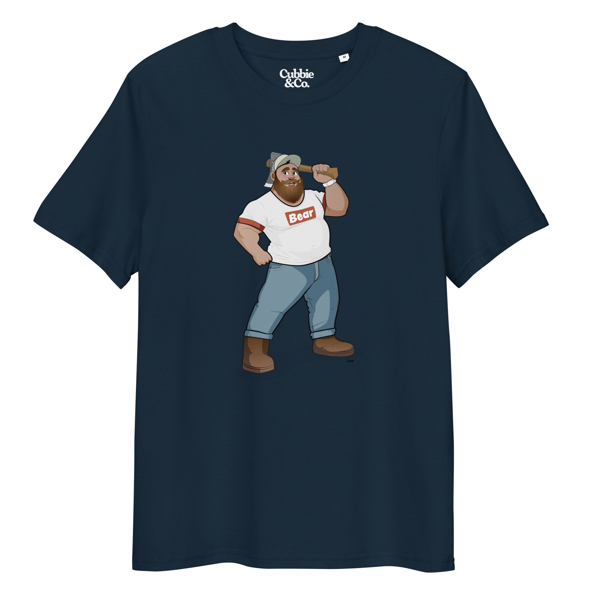 French navy t-shirt featuring Evan the lumberjack wearing a ‘Bear’ wordmark tee, holding an axe
