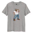 Heather grey t-shirt featuring Evan the lumberjack wearing a ‘Bear’ wordmark tee, holding an axe