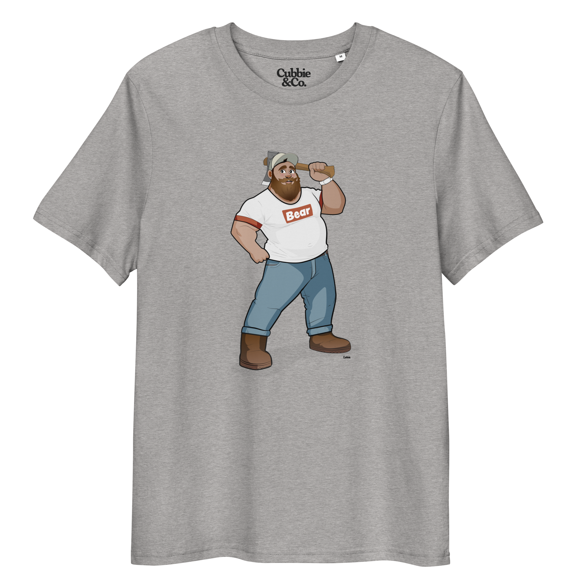 Heather grey t-shirt featuring Evan the lumberjack wearing a ‘Bear’ wordmark tee, holding an axe