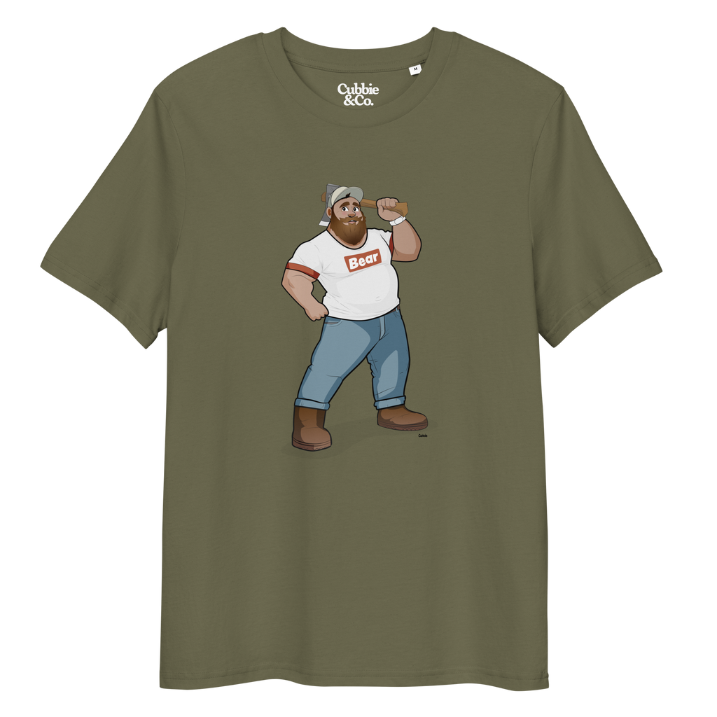 Khaki t-shirt featuring Evan the lumberjack wearing a ‘Bear’ wordmark tee, holding an axe