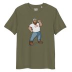 Khaki t-shirt featuring Evan the lumberjack wearing a ‘Bear’ wordmark tee, holding an axe