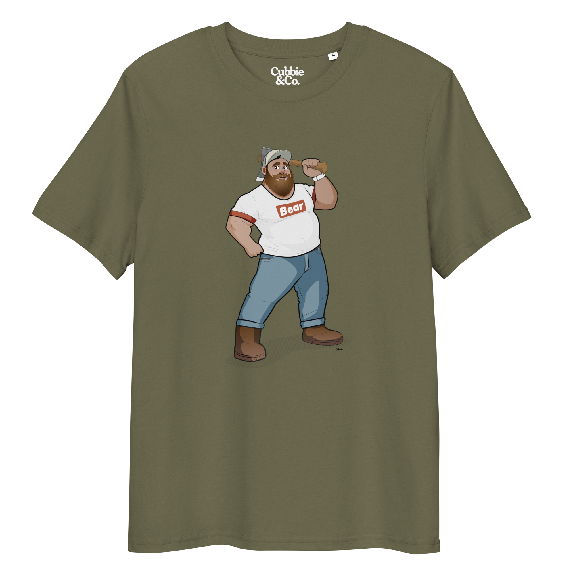 Khaki t-shirt featuring Evan the lumberjack wearing a ‘Bear’ wordmark tee, holding an axe