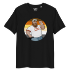 Black t-shirt featuring Evan the lumberjack posing in front of a Bear Pride Flag